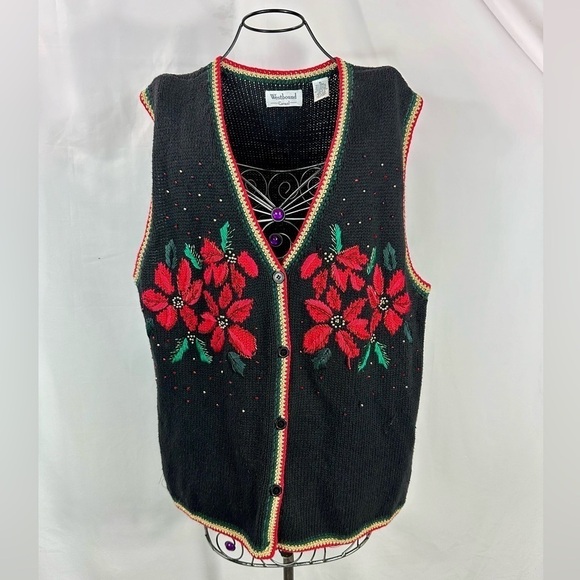 Vintage Westbound Poinsettia black knit vest size XL - Picture 1 of 7